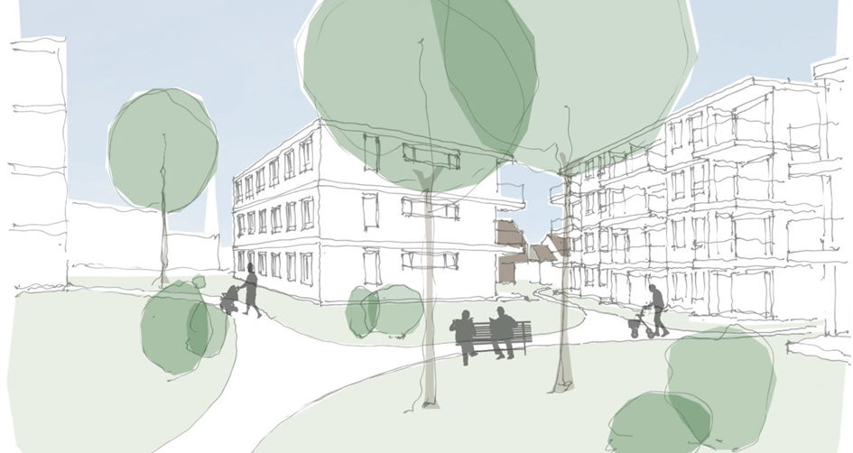 Skizze eines Wohnquartiers mit Bäumen und Sitzbänken